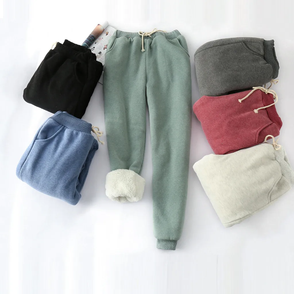 Women Winter Pants Thick Lambskin Cashmere Pants Warm Female Casual Loose Harlan Pants Drawstring Waist Long Trousers#T2G