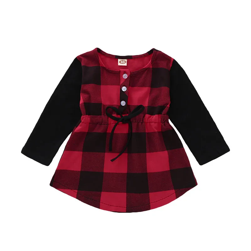 

2020 Baby Dress Toddler Kids Baby Girls Clothes Long Sleeve Red Plaids Spliced Dress Top Sundress Outfit