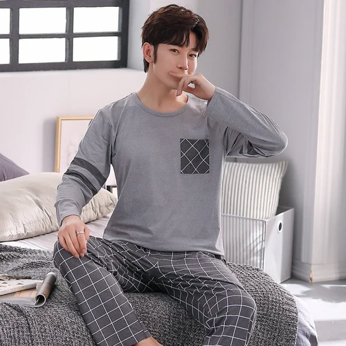 Male Pyjama Suit Man Pure Full Cotton Leisure Pjs For Male Sleepwear homewear 3XL New 2020 Autumn Men Pajamas set long Sleeve men satin pajamas Pajama Sets