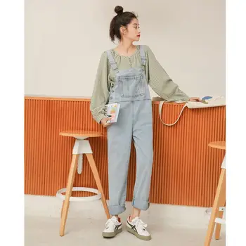 

2020 Autumn New Style Korean-style by Age College Style Big Pocket Faded Light Blue Straight Cowboy Suspender Pants Trousers