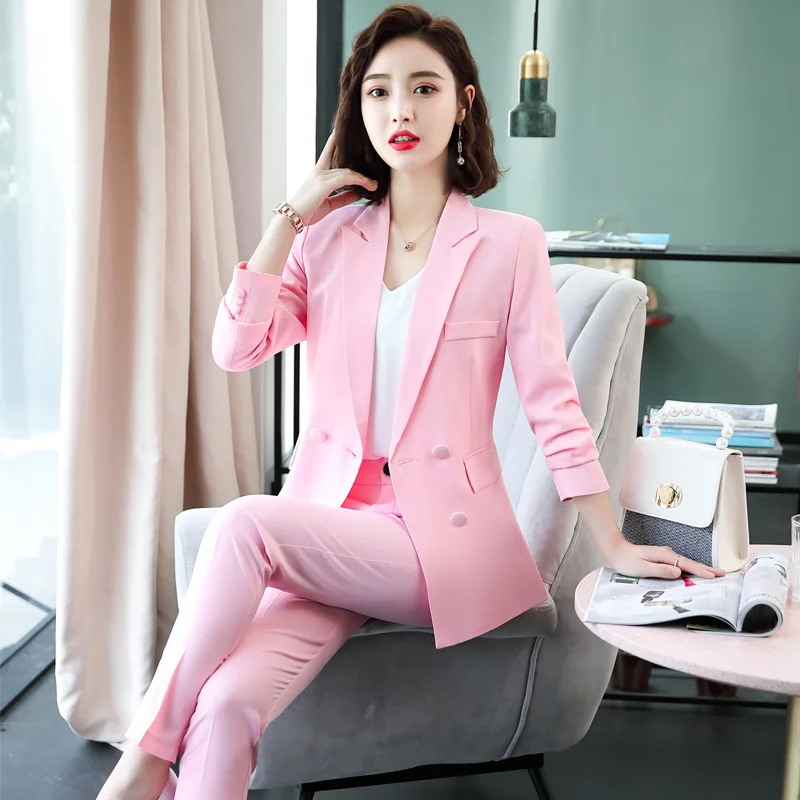 

IZICFLY Fall New Style Pink plus size suits womens 2 pieces pant and blazer set Office Uniform Elegant Business trouser suit red