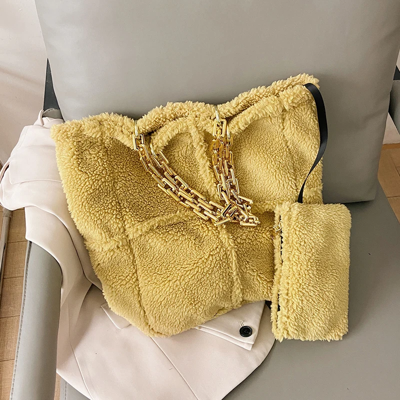 

Plush Chain Handbag for Women 2020 New Winter Soft Tend Branded Shoulder Handbags Women's Travel Totes Lady Chain Hand Bag