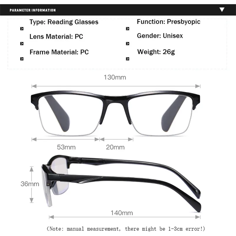 Ahora Ultralight Square Half Frame Reading Glasses Presbyopic Glasses Men Women +0.25 0.5 0.75 1 1.25 1.5 1.75 2 2.25 2.5 2.75 3