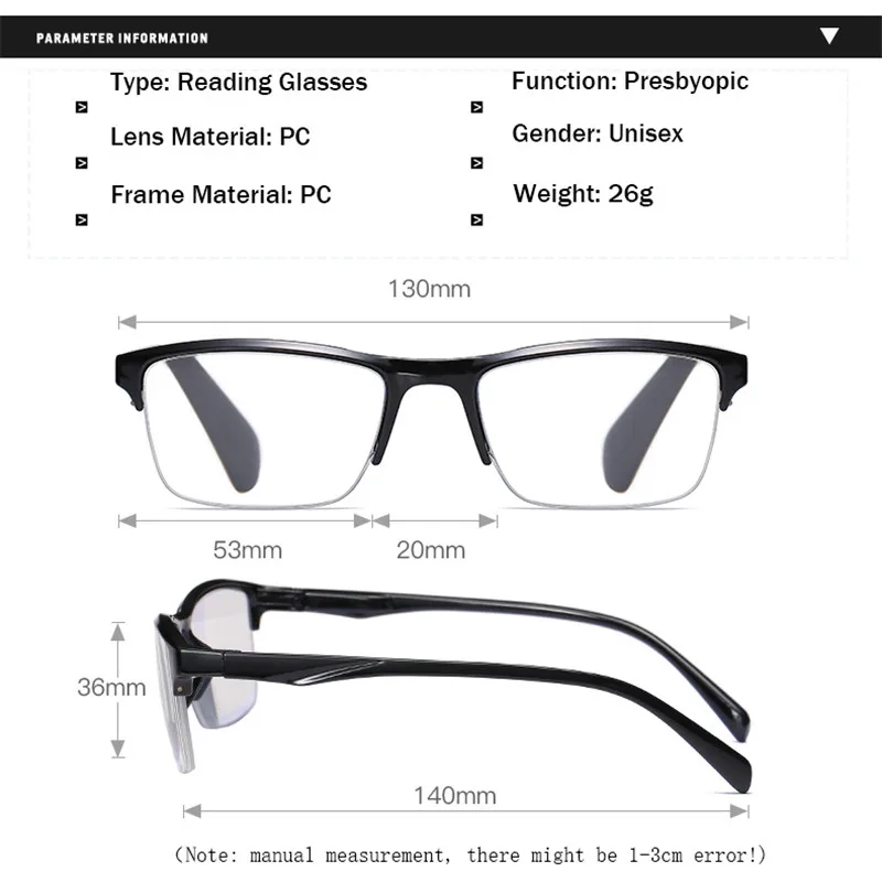 Ahora Ultralight Square Half Frame Reading Glasses Presbyopic Glasses Men Women +0.25 0.5 0.75 1 1.25 1.5 1.75 2 2.25 2.5 2.75 3 for reading glasses