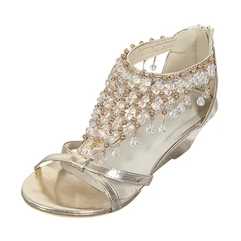 

Sagace Women Sandals Summer Slope Heel With Rhinestone Beaded Pearl Pendant Casual Fashion Females Shoes Cross-slip Sandals