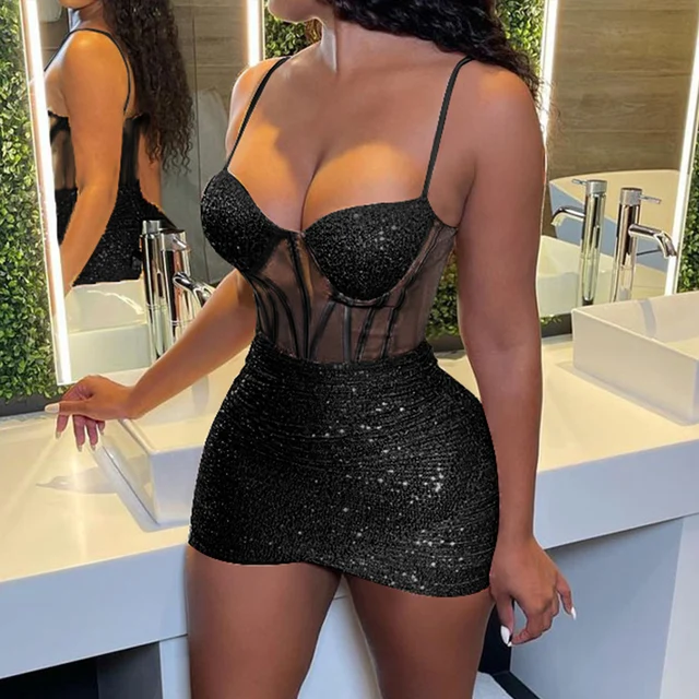 2022 Autumn Winter Women Sleeveless Bling Bling Low Cut Skinny Sling Dress Contrast Mesh Bodycon Cami Sequin Bodycon Dress black