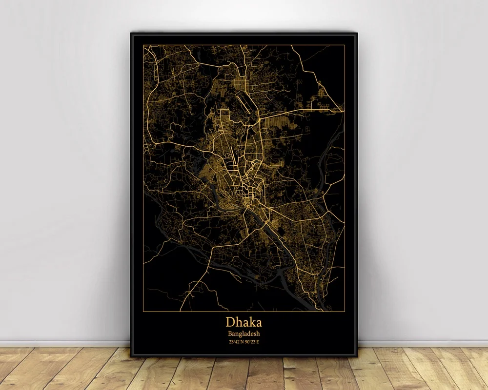 

Плакат Dhaka с изображением города Бангладеш, черные и Золотые легкие карты, мировое искусство на заказ, живопись на холсте, настенное искусство для гостиной, домашний декор
