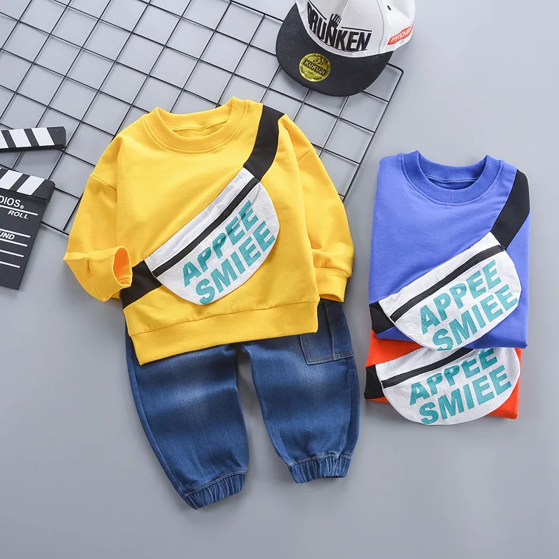 

2019 Children Baby Cartoon Lettered Backpack Casual Two-Piece Set New Style Autumn BOY'S Long-sleeve Suit