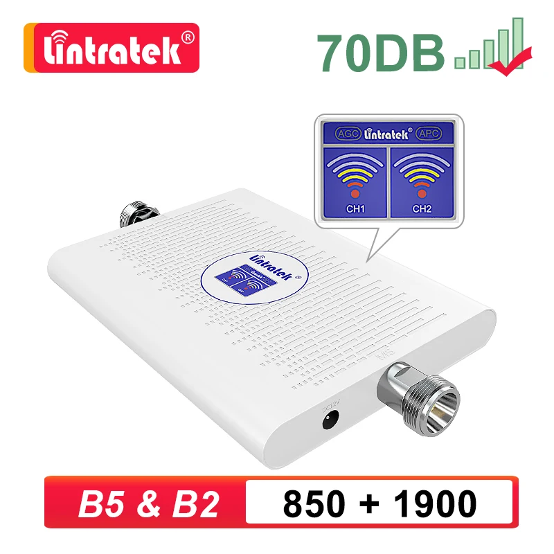 

Lintratek 70dB CDMA 2G 3G 4G 850 1900 Cellular Amplifier GSM UMTS 1900mhz B2 B5 Signal Booster AGC Dual Band Repeater KW23C s6