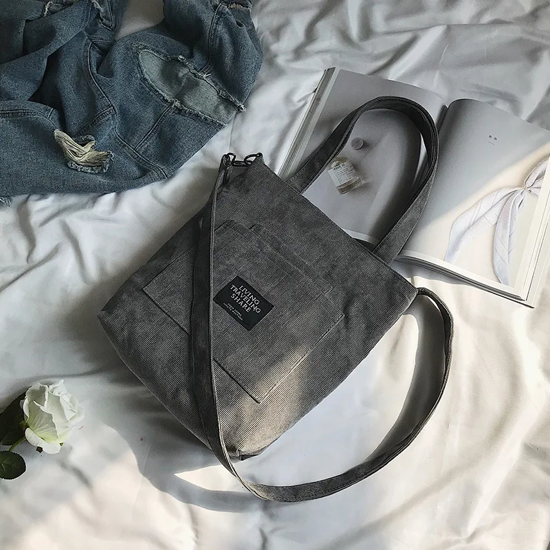Женская Вельветовая Парусиновая Сумка-тоут, Женская Повседневная сумка на плечо, сумка для покупок, ручная сумка для женщин, сумка-мессенджер, корейская модная сумка - Цвет: Серый