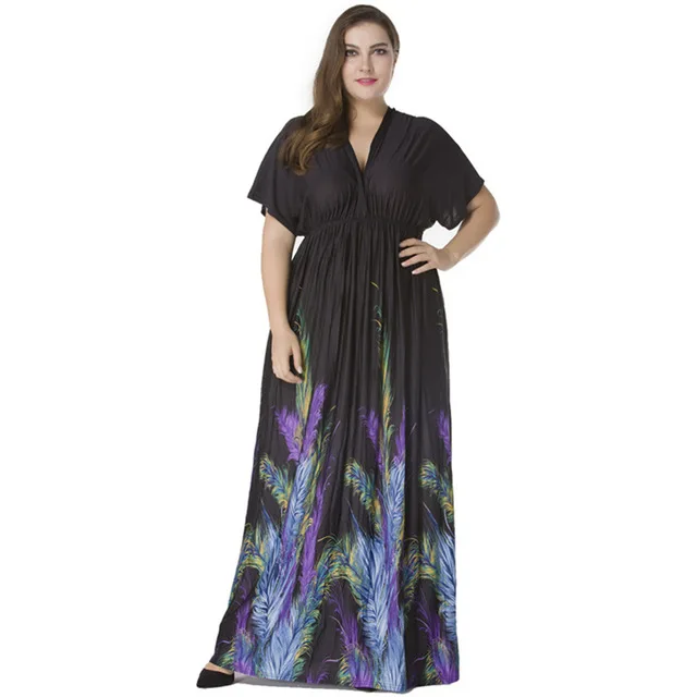 Новинка богемное женское летнее пляжное платье с v-образным вырезом и коротким рукавом летучая мышь размера плюс 6XL 7XL сексуальное длинное Пляжное Платье Макси - Цвет: Черный