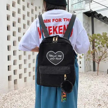 

Hot Sale Backpacks Classic Delicate Women Corduroy Backpack Cute Love Heart Pompom Shoulder Bag Student Rucksacks