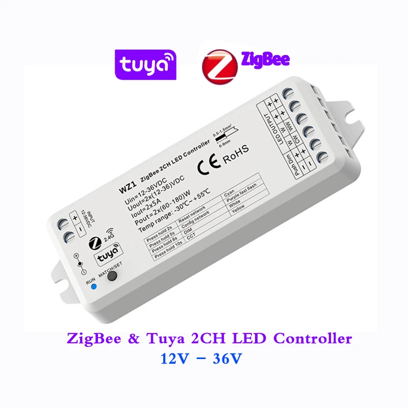 Zigbee Led Controller Tuya 2CH CCT Dimmer Smart Voice Music APP Cloud Control DC12V 24V 36V Single Color led Strip 0-100 Dimming 2 in 1 led controller zigbee 3 0 2 4g dimmer support brightness cct mode compatible with dc12v 24v 48v 2 wire cob light strip