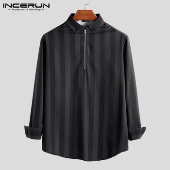 

INCERUN Fashion Men Striped Shirt Long Sleeve Zipper Lapel Streetwear Blouse Slim Leisure Brand Mens Casual Shirts 2020 S-5XL
