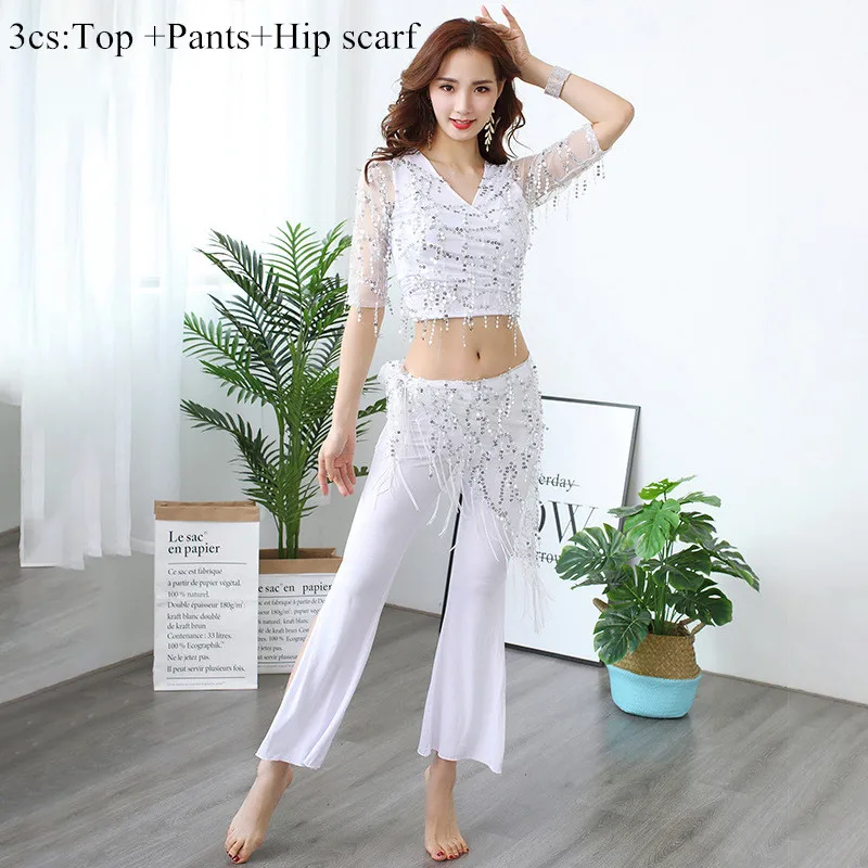 3pcs White(pants) Новая женская одежда для танца живота, сексуальный круговой воротник из топа или длинной юбки или штанов, набор для занятий танцором с кисточками - Цвет: 3pcs White(pants)