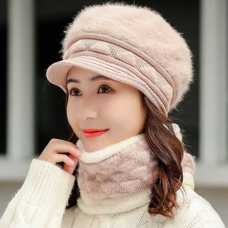 

New Warm Knitted Hats for Women All-match Rabbit Fur Thick Winter Hat Scarf Fashion Triangle Design Add Fur Lined Hat