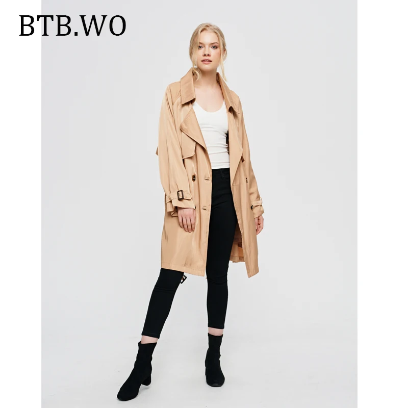 BTB. WO, весна-осень, Женская свободная Длинная ветровка с отворотом и поясом, Женское пальто, модное длинное пальто, шикарный Тренч