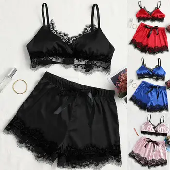 

2PCS Women Sexy-Lingerie Sleepwear Satin Babydoll Lace Sleeveless Strap Short Sleep Pajamas Set