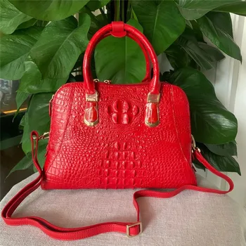 

Authentic Exotic Crocodile Skin Women's Red Shell Purse Genuine Alligator Leather Lady Top-handle Handbag Female Shoulder Bag