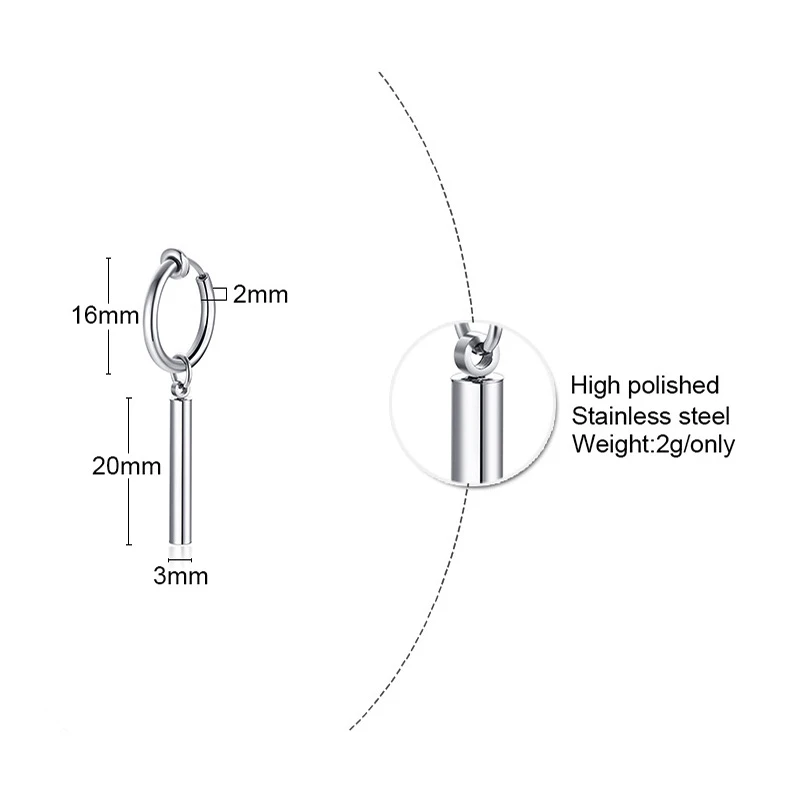 MEN EARRING STAINLESS STEEL BAR STICK HUGGIE EARRINGS ONCH HOOPS FOR MEN BOY STREETWEAR COOL HIPSTER MAN JEWELRY - Image 2