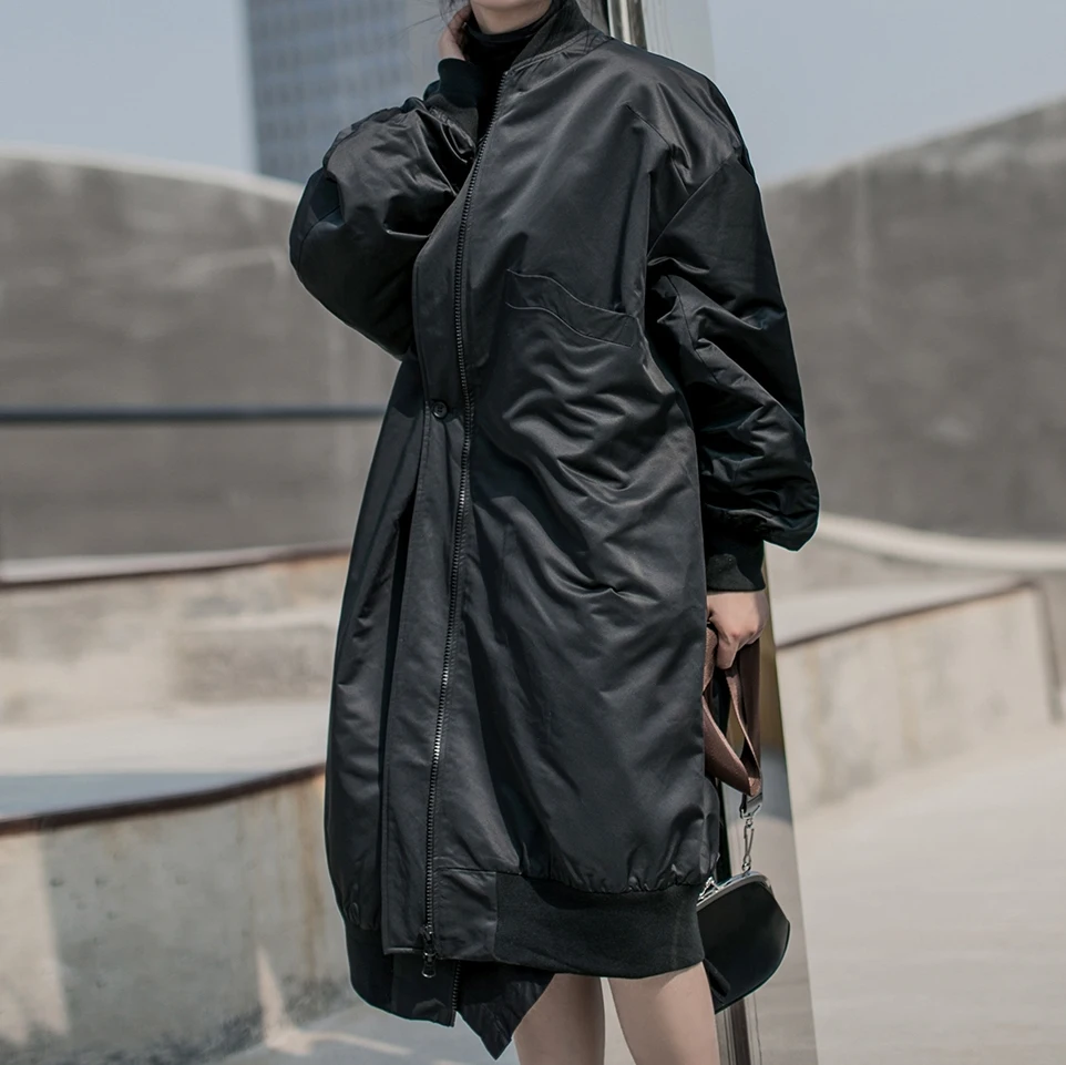 Black 1207C-50 Корейский стиль Женская Зимняя мода парка пальто сплошной черный фонарь рукав размера плюс женская Стильная длинная куртка 1207C-50 - Цвет: Black 1207C-50