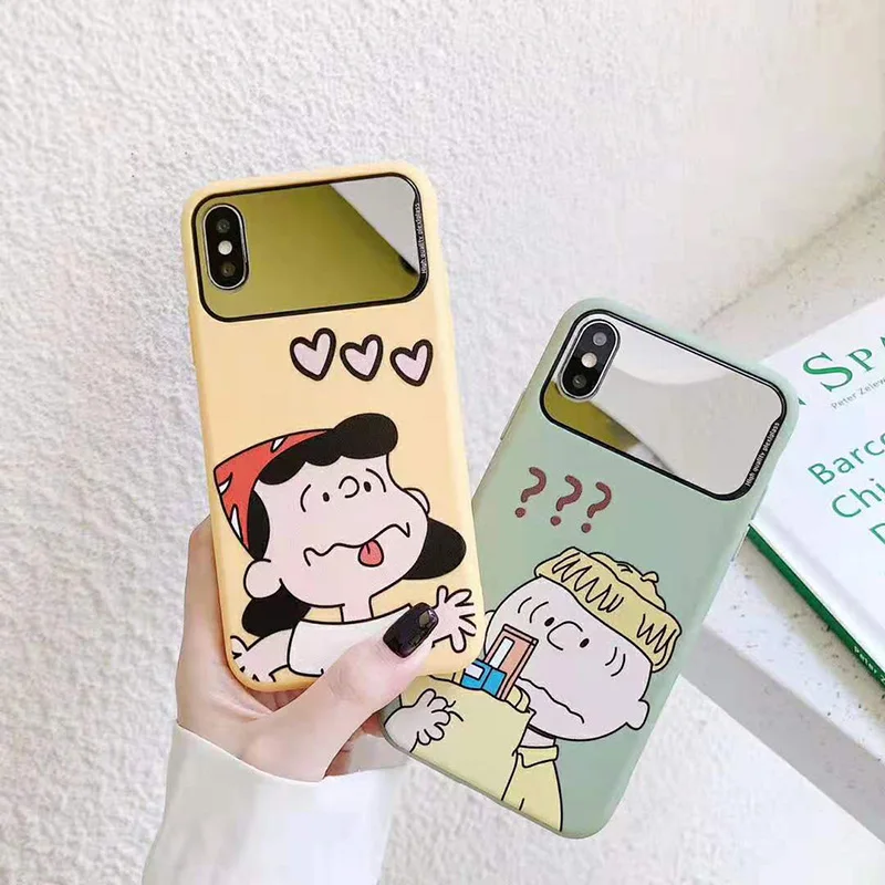 

Cute Charlie Brown Lucy phone Case for iPhone X XR XS Max 6 6s 7 8 plus case Makeup mirror Love heart soft silicone backcover