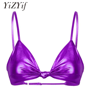 

Women Bikini Bra Top Shiny Metallic Deep V Neck Front Knot Non-padded Bras Bikini Tops Sexy Bra Tops Swimwear Nightwear lingerie