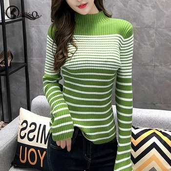 

2019 Women Sweater Autumn Winter Stripes Slim Long Sleeved Pullovers Fashion Turtleneck Slim Bottom Elegant Lady Knit Sweater