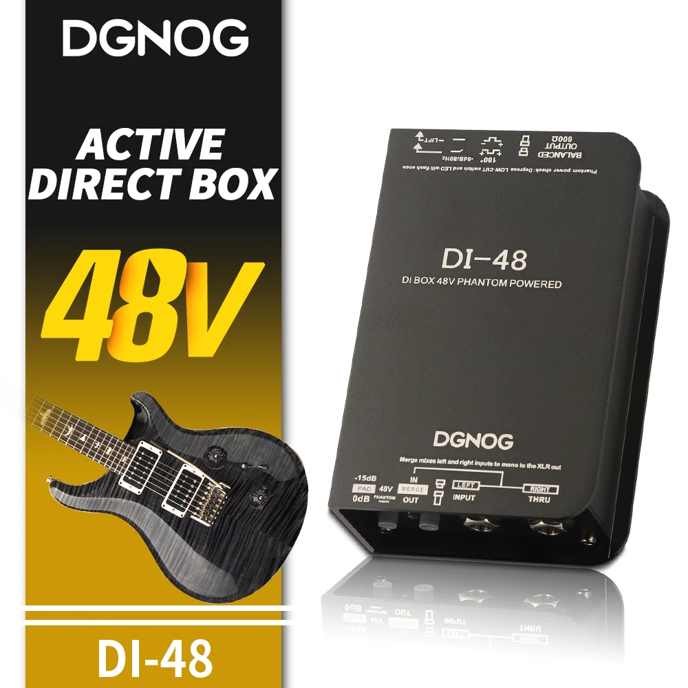 

DGNOG DI48 Active Direct Box With 48V Phantom Power -15dB Pad, 180° Polarity Reverse Mix left Right Mono Output DI Direct Box