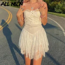ALLNeon – robe camisole en dentelle, féerique esthétique, garniture en dentelle, Patchwork, Y2K, mode Kawaii, boutons, robes Corset blanches, ligne a, doux printemps, 2000 