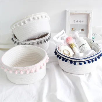

Cotton Rope Storage Baskets With Pompom Handmade Woven Nordic Kids Toy Desktop Sundries Laundry Basket Dirty Clothes Organizer