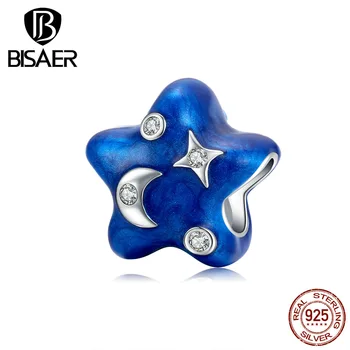 

Moon Star Charms BISAER 925 Sterling Silver Blue Enamel Star Beads for Bracelet Making Jewelry GAC178