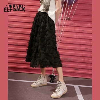 

ELFSACK Black Solid Feather Fringe Casual Women Chiffon Midi kirts 2020 Summer New Vintage Korean Stylish Ladies Daily Bottom
