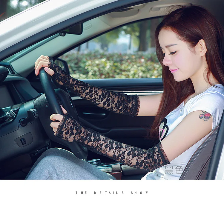 Spring And Summer Lace Sun-resistant Gloves Long Outdoor UV-Protection Cuff Solid Color Jacquard Half-finger Gloves