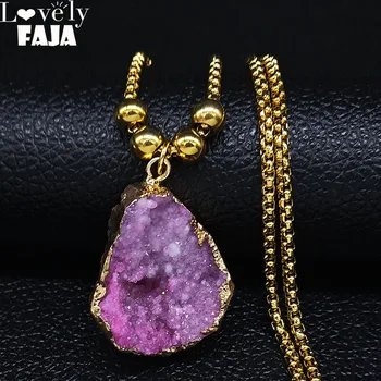 

Pink Crystal Stainless Steel Statement Necklace Women Gold Color Bead Long Necklaces Jewelry acero inoxidable joyeria mujer NG53