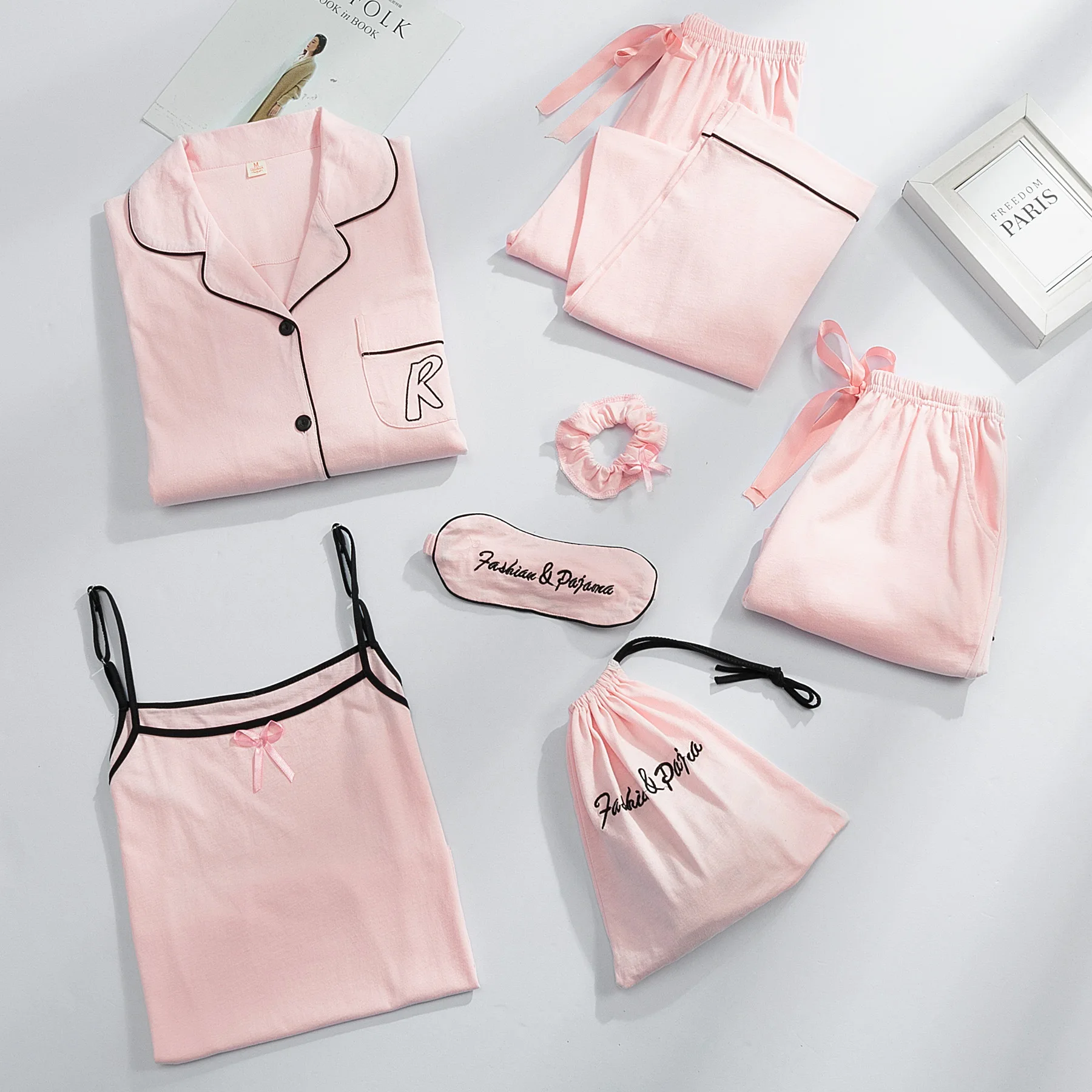 

1018 # Solid Color R Lettered Emblem Hxy Pure Cotton 7 Seven Pieces Pajamas Long Sleeve Homewear Set