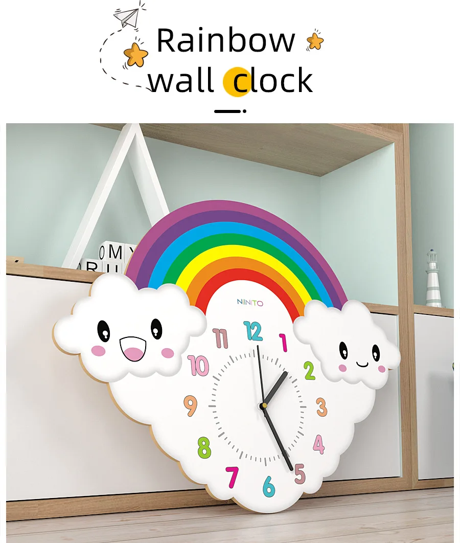16 zoll Cartoon Regenbogen Wanduhr Kreative Stumm Uhr Schöne Kinder Wohnzimmer Cafe Stille Kunst Wand Uhr Uhr – Detail 2