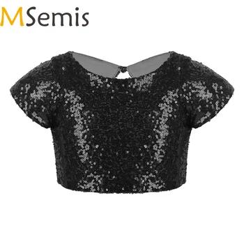 

MSemis Kids Girls Cap Sparkly Sequins Jazz Ballroom Lyrical Dancing Tops Keyhole Back Crop Top Dance Stage Performance Dancewear