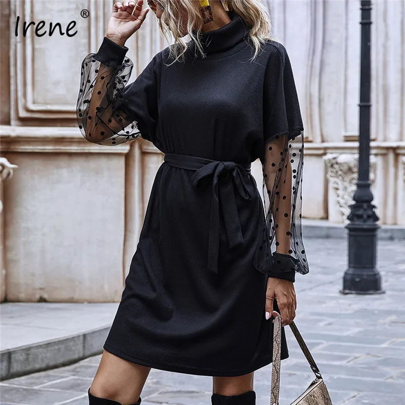 

Irene Tunic Elegant Women Party Dress Lantern Sleeve Mini Mesh Sash A-Line Black Autumn Turtleneck Winter Dress Women