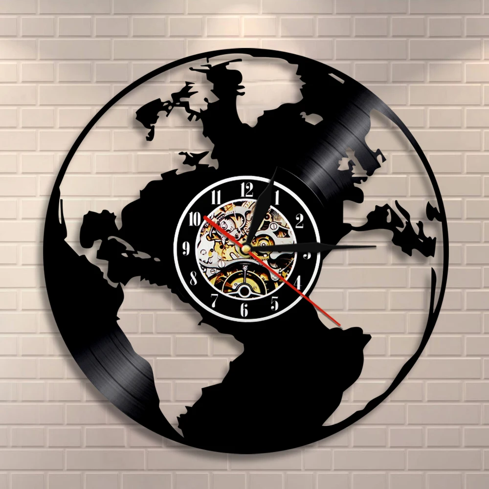 

Save the Earth World Map Wall Clock Home Wall Decor Globe Map Ecofriendly Gift for Teachers Earth Day Vinyl Record Wall Clock