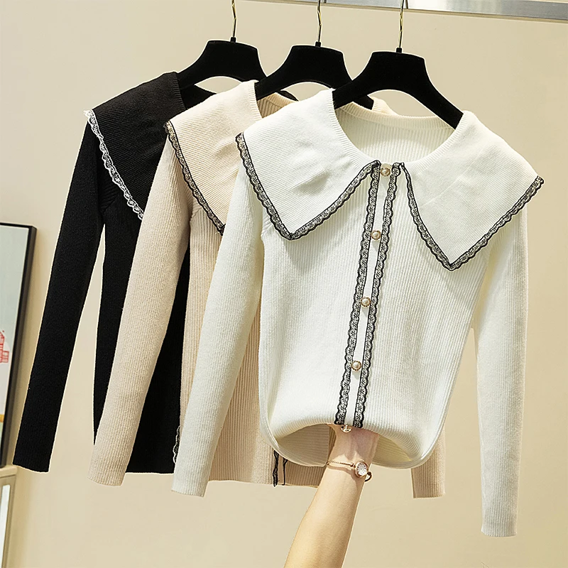 

Female Turn-down Collar Knitted Sweater Women Jumpers Long Sleeve Pullovers Sweater Autumn Lace Patchwork Sweet Kawaii Sweaters