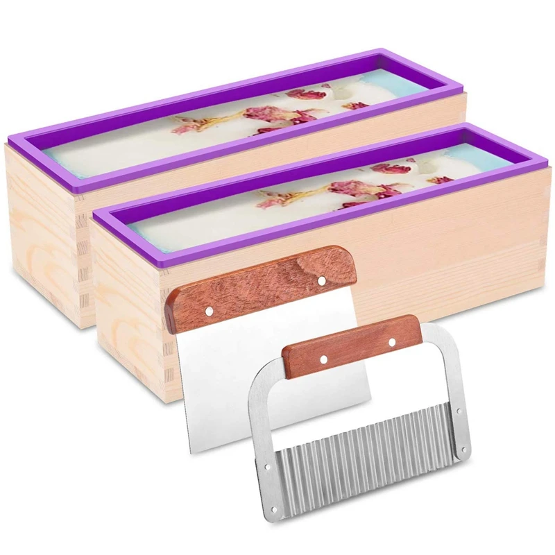 

HLZS-Silicone Soap Molds Kit,Mold Making Tool 1200Ml Flexible Rectangular Loaf Comes with Wood Box,Stainless Steel Wavy & Straig