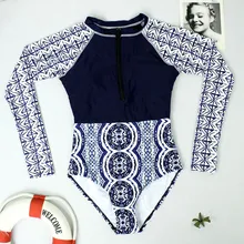 Z25 цельный купальный костюм с геометрическим принтом, одежда для плавания с длинным рукавом, женский купальный костюм, ретро купальник, винтажные купальные костюмы для серфинга
