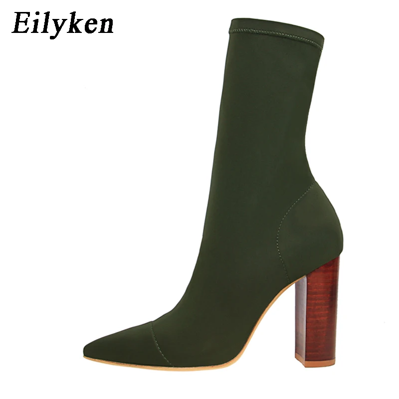 Eilyken/Повседневные Удобные растягивающиеся сапоги-носки; женские ботильоны на высоком толстом каблуке; модные зимние женские ботинки с острым носком; ботинки «Челси» - Цвет: Green