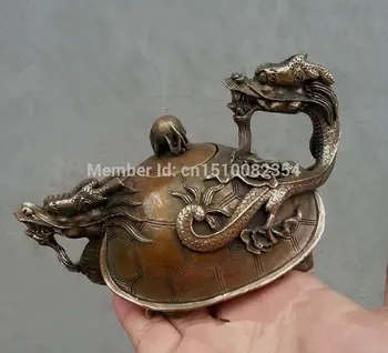 

China copper Signed Carved Dragon Tortoise Handmade Teapot Pot Statues