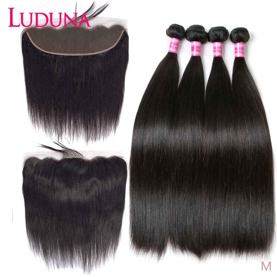 Luduna Hair Pieces Peruvian Straight 4 Bundles With Closure 13*4 Frontal Remy 8-28’’ | Шиньоны и парики