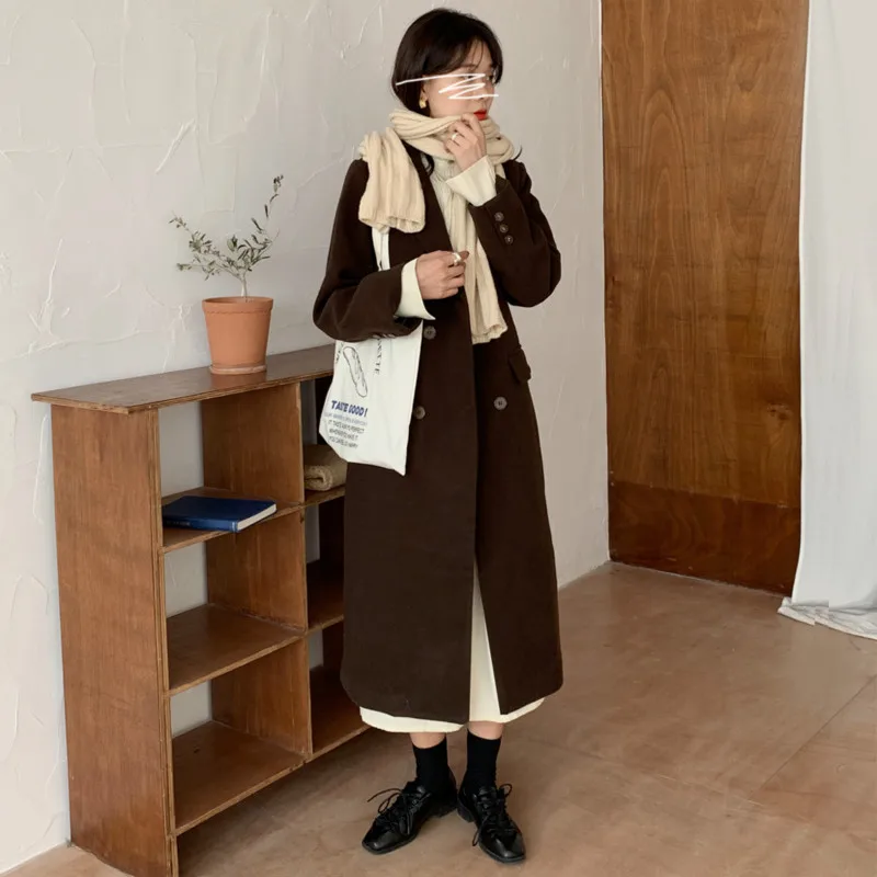 

Women Winter Vintage Super Long Cashmere Overcoat Double Breasted Wool Coat Notched Collar Jacket with Waistbelt Outwear