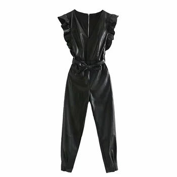 

Chic PU Leather Ruffles Sashes Jumpsuits Women Fashion Black V Neck Jumpsuit Elegant Ladies Sleeveless Jumpsuits