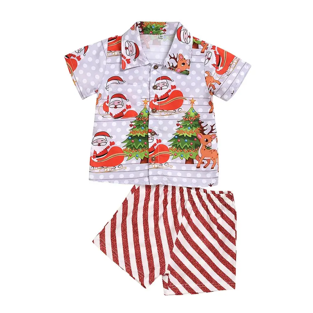 

Baby Boy Christmas Clothes Set Short Tee Santa Claus Print Top Striped Pants Xmas Clothes Set