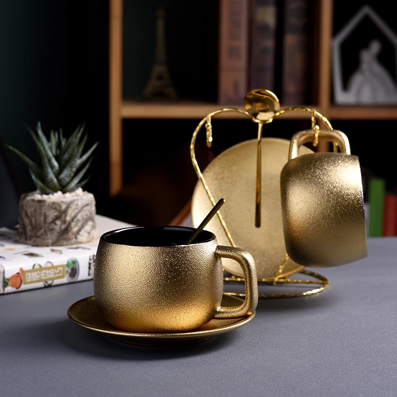 Bur Dubai Luxury Noble Golden Coffee Cup Saucer Set Pottery Frosted